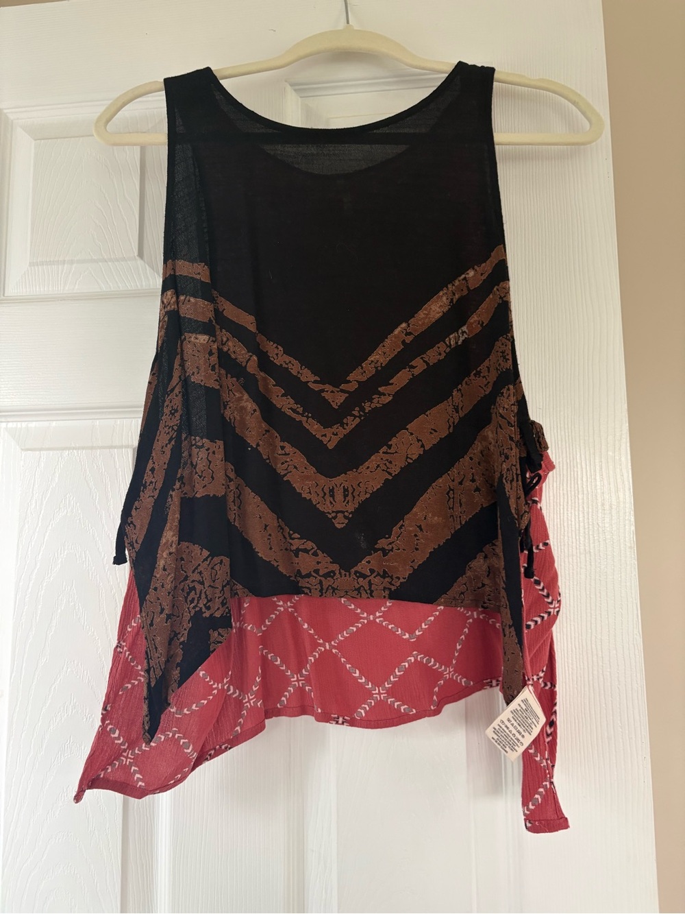 Sleeveless  Tank with side ties- Brown Chevron and Rust Accent